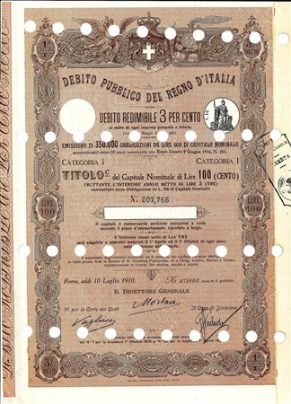  - 1910 - TITOLO DA LIRE 100 REDIMIBILE 3% DEB. PUBB. REGNO D'ITALIA - ROMA.