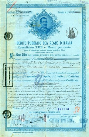  - 1916 - CERTIFICATO CONSOLIDATO 3,5% - DEB. PUBBLICO REGNO D'ITALIA - ROMA.