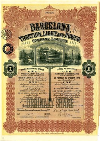  - 1918 - BARCELONA TRACTION, LIGHT AND POWER - 1 AZIONE.