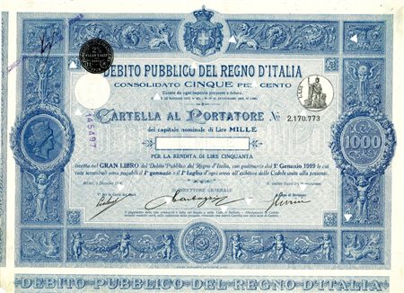  - 1918 - CARTELLA 1000 LIRE - D.PUBBLICO CONSOLIDATO 5% REGNO D'ITALIA.