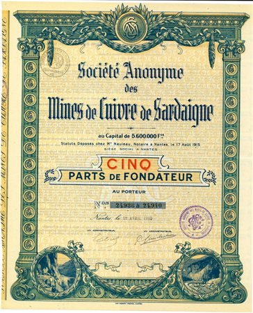  - 1919 - MINES DE CUIVRE DE SARDAIGNE S.A. - 5 AZIONE DI FONDAZIONE - NANTES.