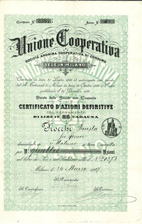  - 1917 - UNIONE COOPERATIVA DI CONSUMO DI MILANO N. 1 AZIONE - MILANO.