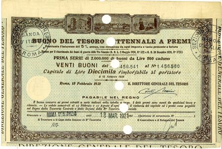  - 1921 - BUONO DEL TESORO SETTENNALE - 20 BUONI - ROMA.