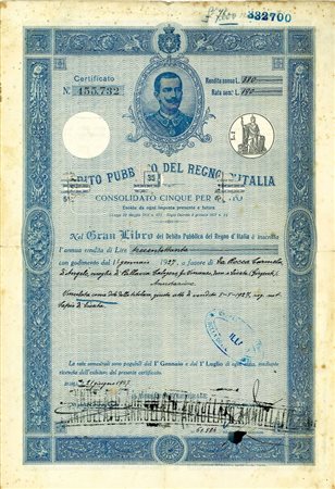  - 1923 - CERTIFICATO LIRE 2500 5% - REGNO D'ITALIA ROMA.