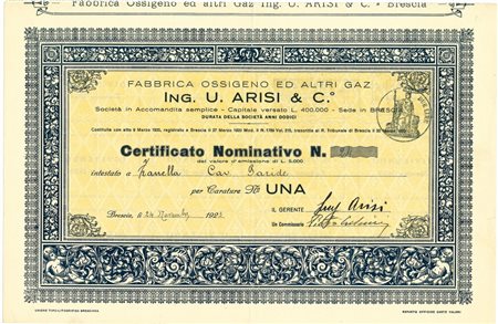  - 1923 - FABBRICA OSSIGENO ED ALTRI GAZ - ING. U. ARISI E C -1 AZIONE BRESCIA.