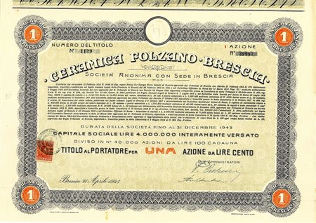  - 1925 - CERAMICA FOLZANO BRESCIA SOC. ANON. - UNA AZIONE - BRESCIA.