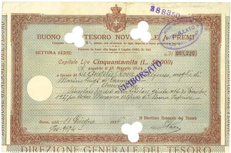  - 1926 - BUONO DEL TESORO NOVENNALE - 50000 LIRE ROMA.