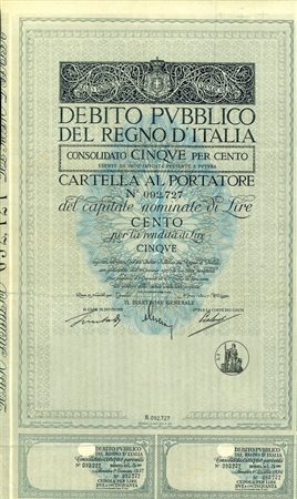  - 1926 - CARTELLA 100 LIRE - D.PUBBLICO CONSOLIDATO 5% REGNO D'ITALIA.
