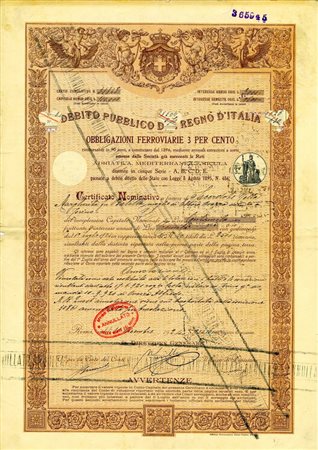  - 1929 - DEBITO PUBBLICO DEL REGNO D'ITALIA OBBLIGAZIONI FERROVIARIE 3% - ROMA.