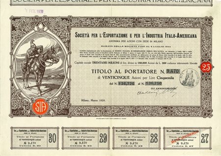  - 1929 - ESPORTAZIONE E PER L'INDUSTRIA ITALO-AMERICANA 25 AZIONI - MILANO.
