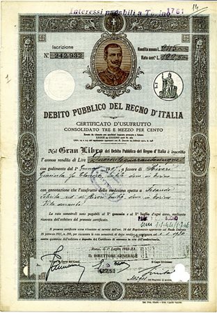  - 1933 - CERTIFICATO 3,50% - DEB. PUBBLICO REGNO D'ITALIA ROMA.