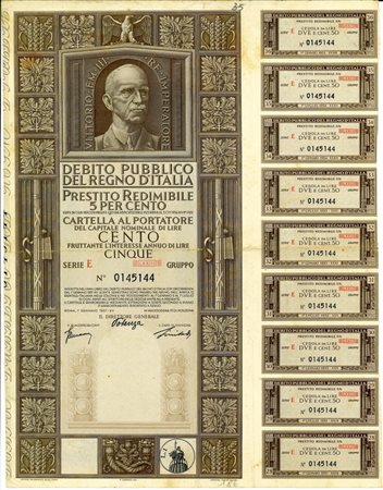  - 1937 - PRESTITO REDIMIBILE 5% - CARTELLA 100 LIRE SERIE E - ROMA NON ANNULLATO (Vittorio Emanuele III, marrone).