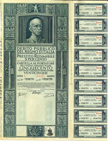  - 1937 - PRESTITO REDIMIBILE 5% - CARTELLA 500 LIRE SERIE C - ROMA NON ANNULLATO (Vittorio Emanuele III, azzurro).