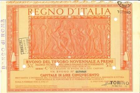  - 1940/02 - BUONO DEL TESORO NOVENNALE A PREMI 5% LIRE 500 - ROMA.