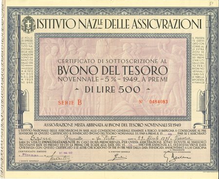  - 1941 - BTP NOVENNALE 500 LIRE SERIE B - IST. NAZ. DELLE ASSICURAZIONI.