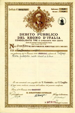  - 1943 - CONSOLIDATO 3,5% DEBITO PUBBLICO REGNO D'ITALIA - ROMA.
