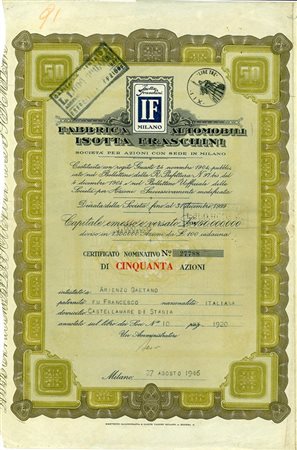  - 1946 - FABBRICA AUTOMOBILI ISOTTA FRASCHINI - 50 AZIONI - MILANO.