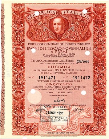 - 1950 - BUONI DEL TESORO NOVENNALI 5% - 10.000 LIRE - ROMA (Cristoforo Colombo, rosso).