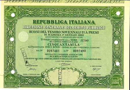  - 1954 - BUONI DEL TESORO NOVENNALI 5% - 50.000 LIRE - ROMA (Allegoria, verde).