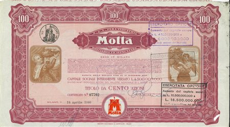  - 1955 - MOTTA S.p.A PER L'INDUSTRIA DOLCIARIA ED ALIMENTARE 100 AZIONI - MILANO.