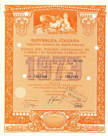  - 1964 - BUONI DEL TESORO NOVENNALI 5% - 20.000 LIRE - ROMA (Romolo e Remo nutriti dalla lupa, arancione).
