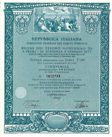 - 1968 - BUONI DEL TESORO NOVENNALI 5% - 5.000 (Allegoria di Venezia, blu).
