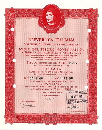  - 1969 - BUONI DEL TESORO NOVENNALI 5% - 10.000 LIRE - ROMA (Ritratto d'uomo di A. Messina, rosso).