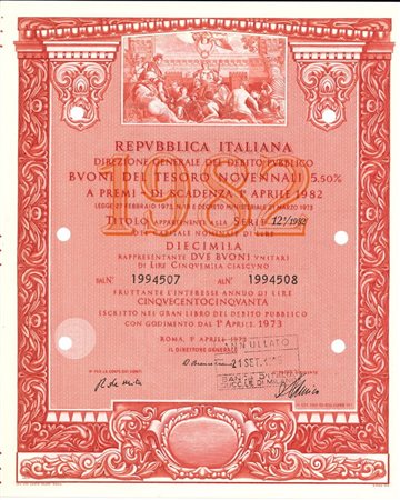  - 1973 - BUONI DEL TESORO NOVENNALI 5,5% - 10.000 LIRE - ROMA (Allegoria di Venezia, rosso).