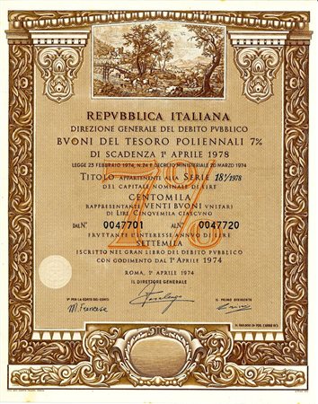  - 1974 - BUONI DEL TESORO POLIENNALI 7% - 100.000 LIRE - ROMA (Scena rurale, marrone).