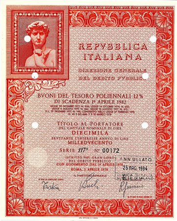  - 1978 - BTP POLIENNALI SERIE 117 LIRE 10000 - ROMA (David di Michelangelo Buonarroti).