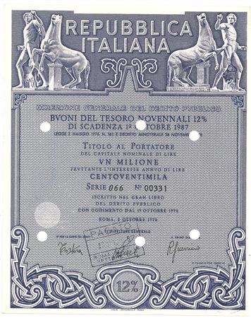  - 1978 - BUONI DEL TESORO NOVENNALI 12% - 1.000.000 LIRE - ROMA (Statue mitologiche, viola).