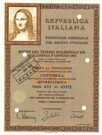  - 1981 - BTP POLIENNALI SERIE 055 100.000 LIRE ROMA (Gioconda).
