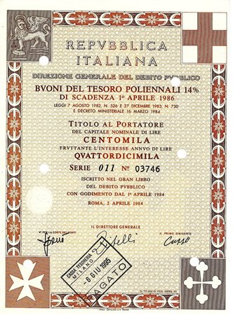  - 1984 - BTP POLIENNALI SERIE 600 LIRE 100000 ROMA (Repubbliche Marinare).
