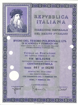  - 1985 - BUONO DEL TESORO POLIENNALE 12% - 1 MILIONE - (Leonardo Da Vinci).