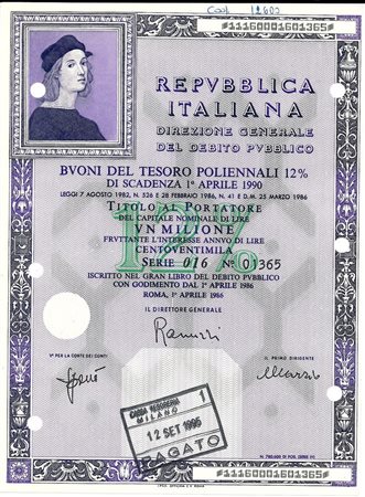  - 1986 - BTP POLIENNALI SERIE 022 LIRE 1 MILIONE ROMA (Raffaello Sanzio).