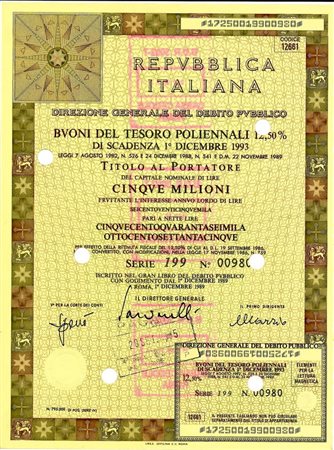  - 1989 - BTP POLIENNALI SERIE 199 LIRE 5 MILIONI ROMA (Rosa dei venti - Repubbliche marinare).