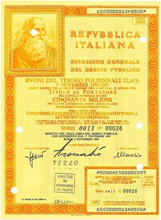  - 1990 - BTP POLIENNALI SERIE 0013 LIRE 50 MILIONI ROMA (Leonardo Da Vinci).