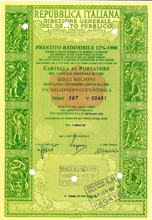  - 1993 - PRESTITO REDIMIBILE 12% - 1980 - CARTELLA 10.000.000 LIRE (Attività agreste, viola).