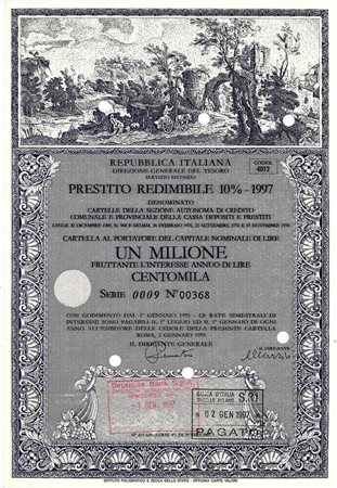  - 1995 - PRESTITO REDIMIBILE 10% - 1997 - CARTELLA 1.000.000 LIRE (Paesaggio Rurale, viola).