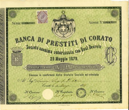  - 1881 - BANCA DI PRESTITI DI CORATO - 1 AZIONE NOMINATIVA - LIRE 50 STEMMA SABAUDO (colore verde).