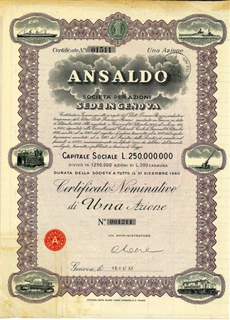  - 1943 - ANSALDO SOC. PER AZIONI 1 AZIONE - GENOVA.