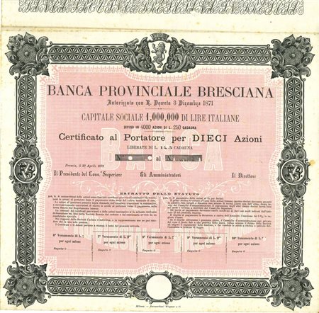  - 1872 - BANCA PROVINCIALE BRESCIANA - 10 AZIONI BRESCIA.
