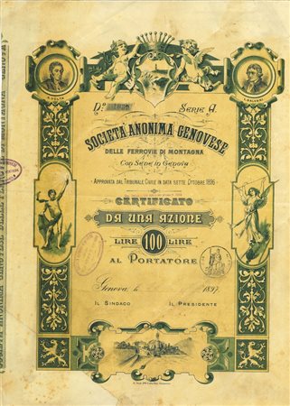  - 1897 - GENOVESE DELLE FERROVIE DI MONTAGNA S.A. 1 AZIONE LIRE 100 - GENOVA (Illustr. Volta e Galvani).
