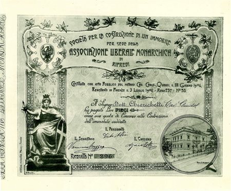 - 1906 - PER LA COSTRUZIONE DI UN IMMOBILE PER LA SEDE DELLA ASSOCIAZIONE LIBERALE MONARCHICA -10 LIRE - RIFREDI.