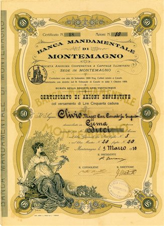  - 1910 - BANCA MANDAMENTALE DI MONTEMAGNO ILLUSTRATORE G. MORELLO 10 AZIONI.