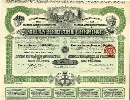  - 1912 - TRAMWAYS A VAPORE INTERPROVINCIALI DI MILAN - BERGAME - CREMONE S.A. - BRUXELLES.