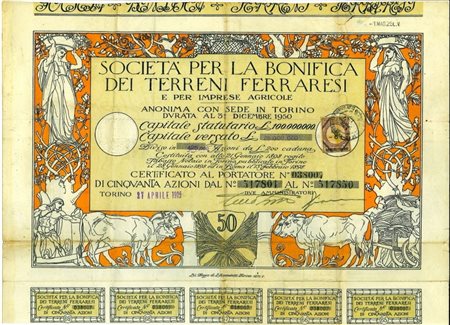  - 1925 - BONIFICA DEI TERRENI FERRARESI ILLUSTRATORE A. DE CAROLIS - 50 AZIONI - TORINO.