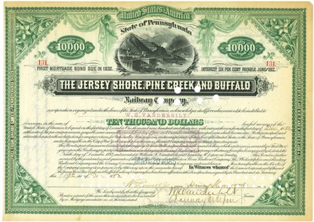  - 1882 - THE JERSEY SHORE, PINE CREEK AND BUFFALO - 10000 DOLLARI (Firma W.H. Vanderbilt e Chauncey Depew).