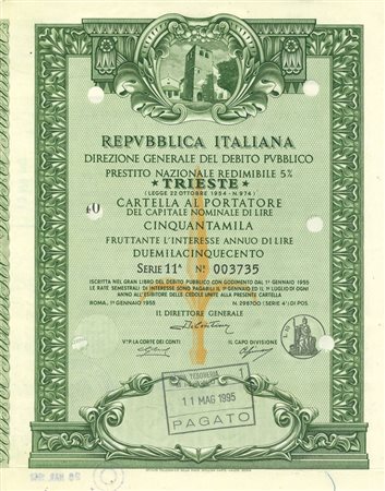  - 1955 - PRESTITO NAZIONALE REDIMIBILE 5% - TRIESTE CARTELLA 50.000 LIRE (cattedrale S. Giusto Trieste).