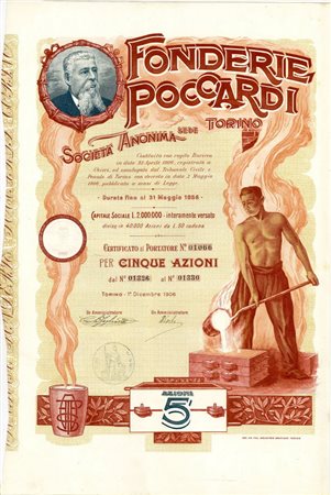  - 1906 - FONDERIE POCCARDI - 5 AZIONI - TORINO.